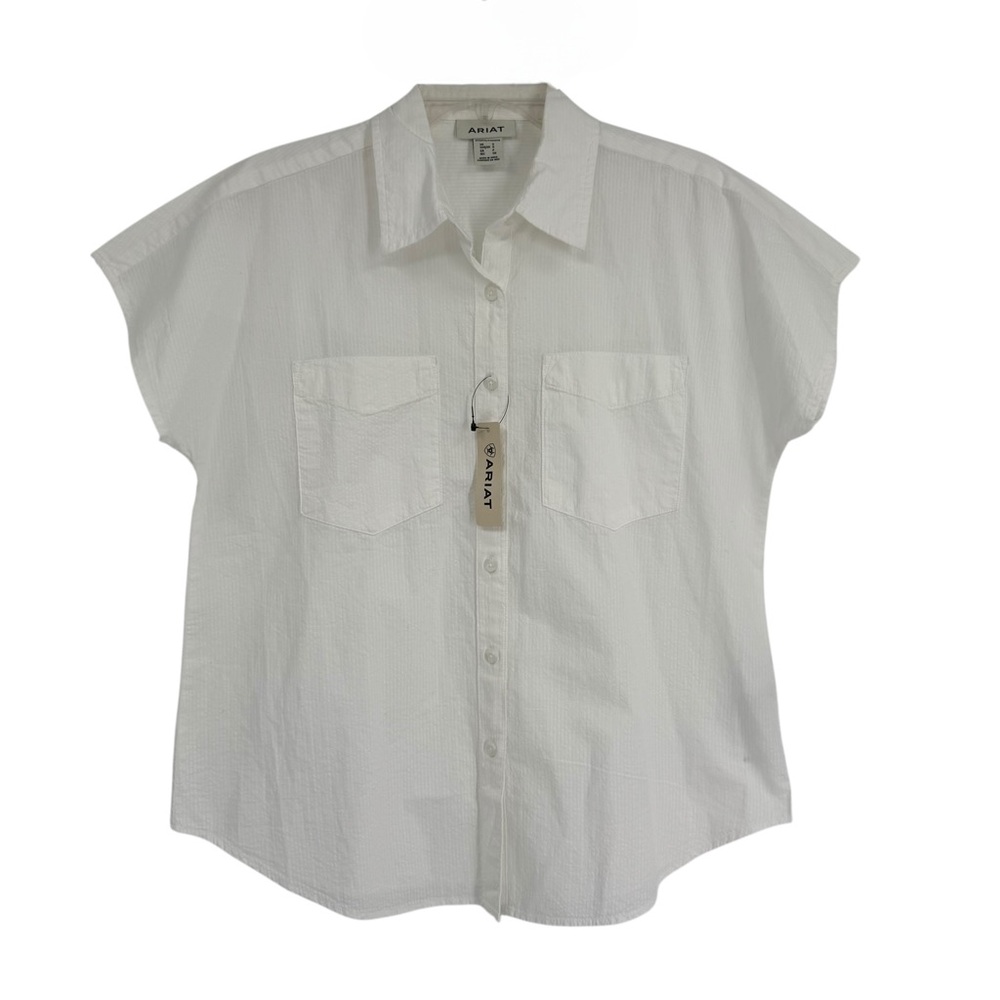 New Ariat Cloud Dancer Short Sleeve Top Size Small Stripe Textured Cotton White
